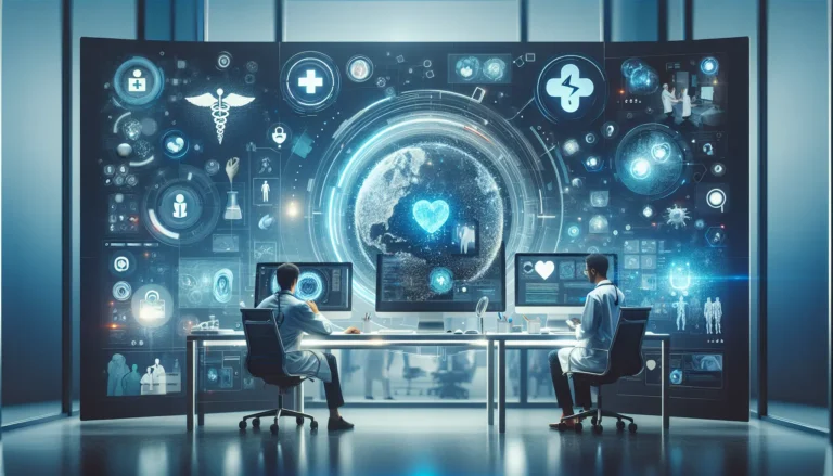 Un medico che utilizza un tablet per consultare un paziente in remoto, rappresentando l'innovazione digitale nella salute.