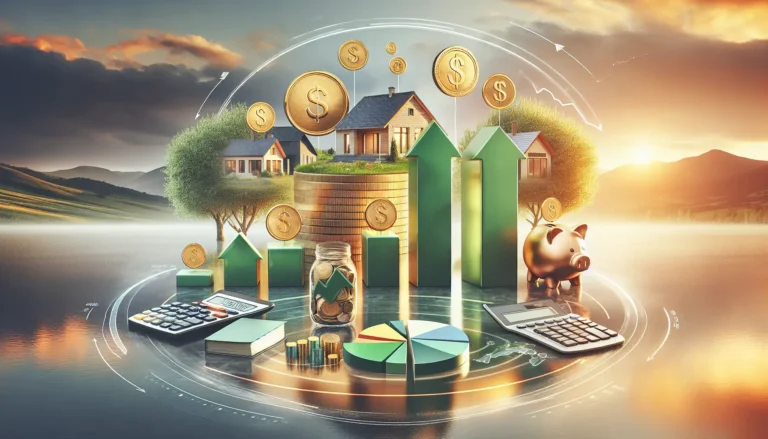 Un'immagine che rappresenta la libertà finanziaria attraverso l'investimento, con simboli di denaro e crescita personale.