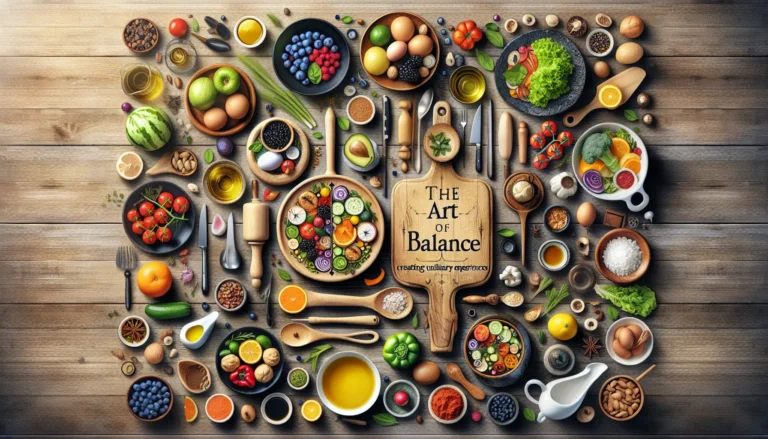 Un tavolo imbandito con piatti colorati e invitanti, rappresentante l'arte di cucinare e l'equilibrio nei sapori.