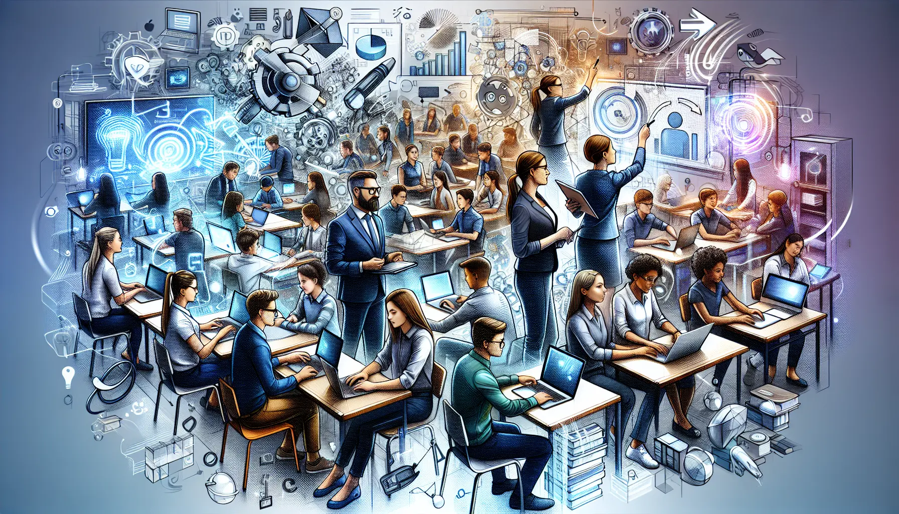 Un insegnante che utilizza strumenti didattici innovativi in aula, circondato da studenti coinvolti e motivati.