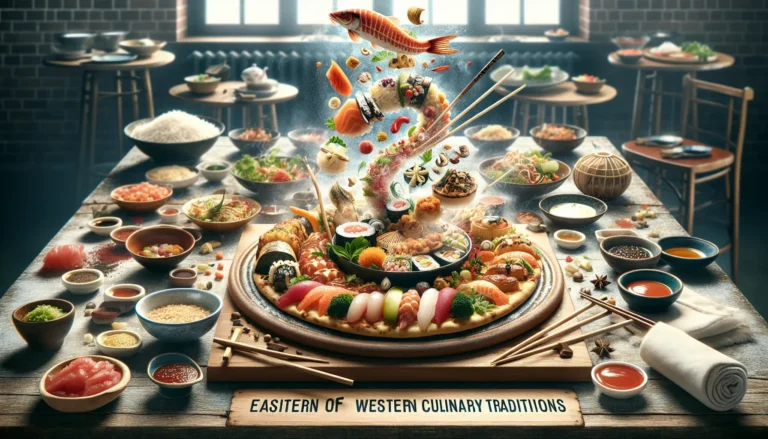 Un tavolo imbandito con piatti di cucina orientale e occidentale, simbolo di fusione culturale.