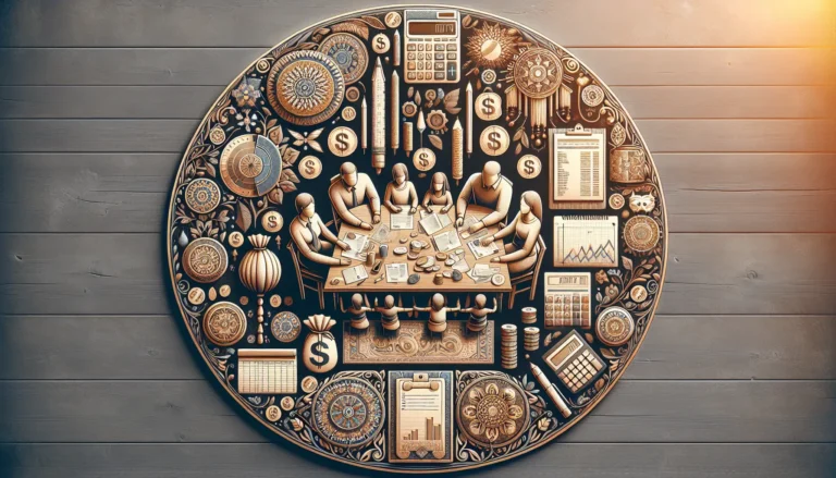 Famiglia che discute di finanze attorno a un tavolo con fogli e calcolatrice