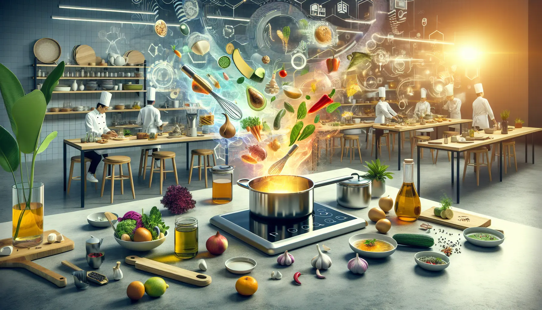 Una cucina moderna con strumenti tecnologici e ingredienti freschi, rappresentando l'innovazione gastronomica.