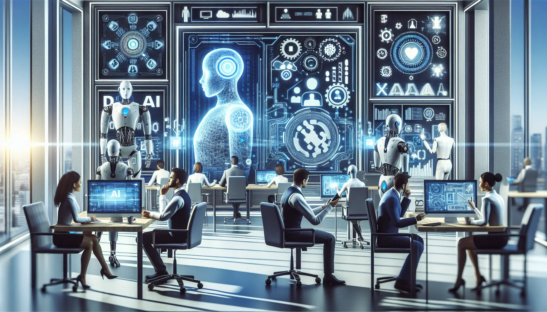 Un imprenditore che utilizza un computer con grafica di Intelligenza Artificiale sullo schermo