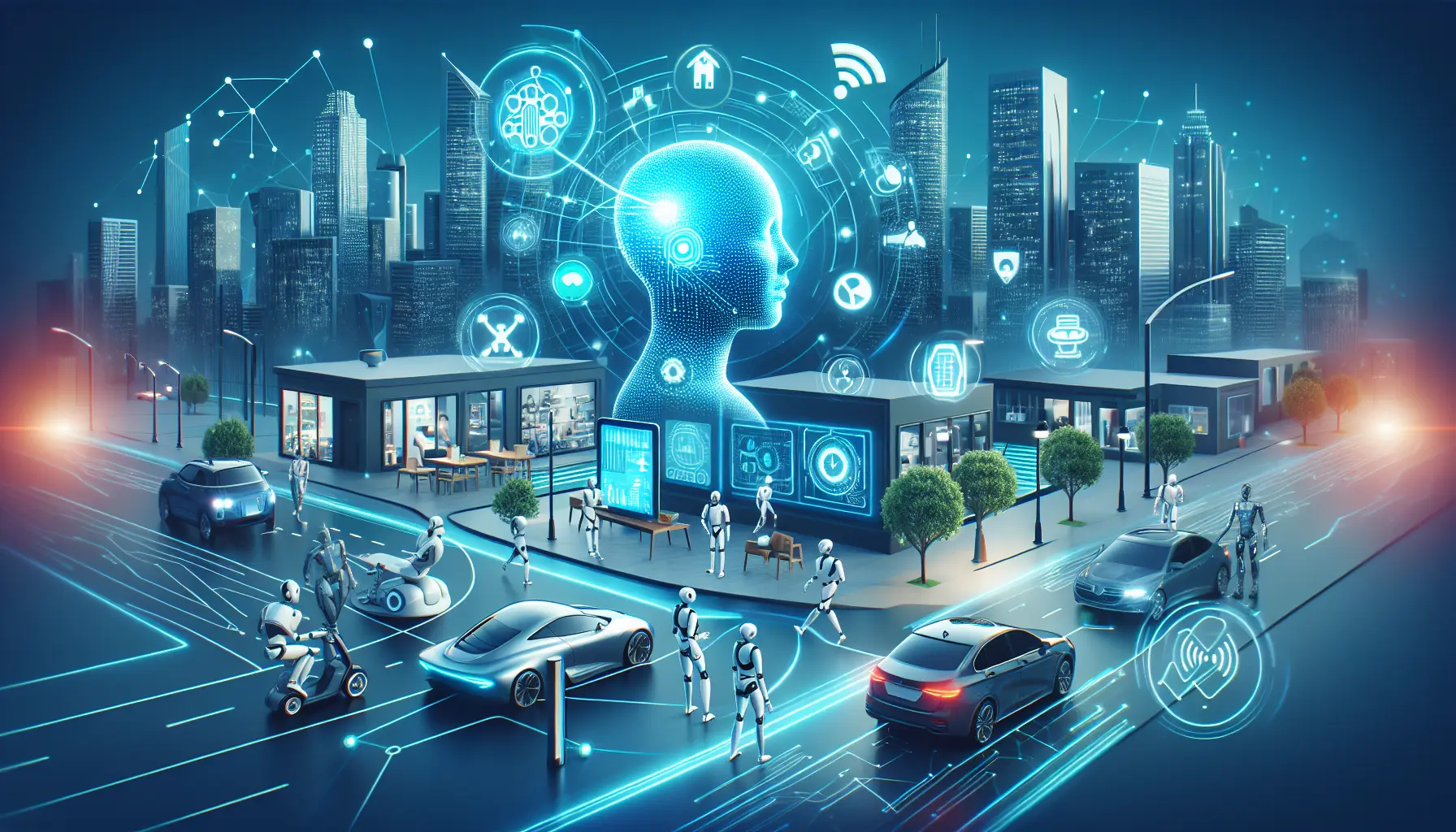 Un'immagine che rappresenta l'intelligenza artificiale nella vita quotidiana, con dispositivi smart e assistenti virtuali.