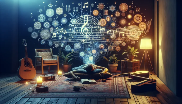 Persona che ascolta musica e si rilassa in un ambiente tranquillo, circondata da note musicali.