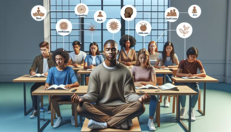 Un gruppo di studenti che praticano mindfulness in un ambiente sereno, concentrandosi sulla respirazione e sul momento presente.