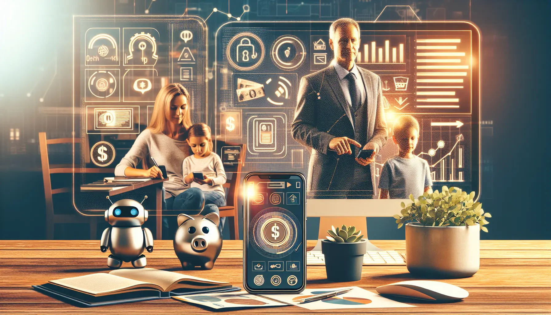 Una famiglia che utilizza un'app di gestione finanziaria sullo smartphone