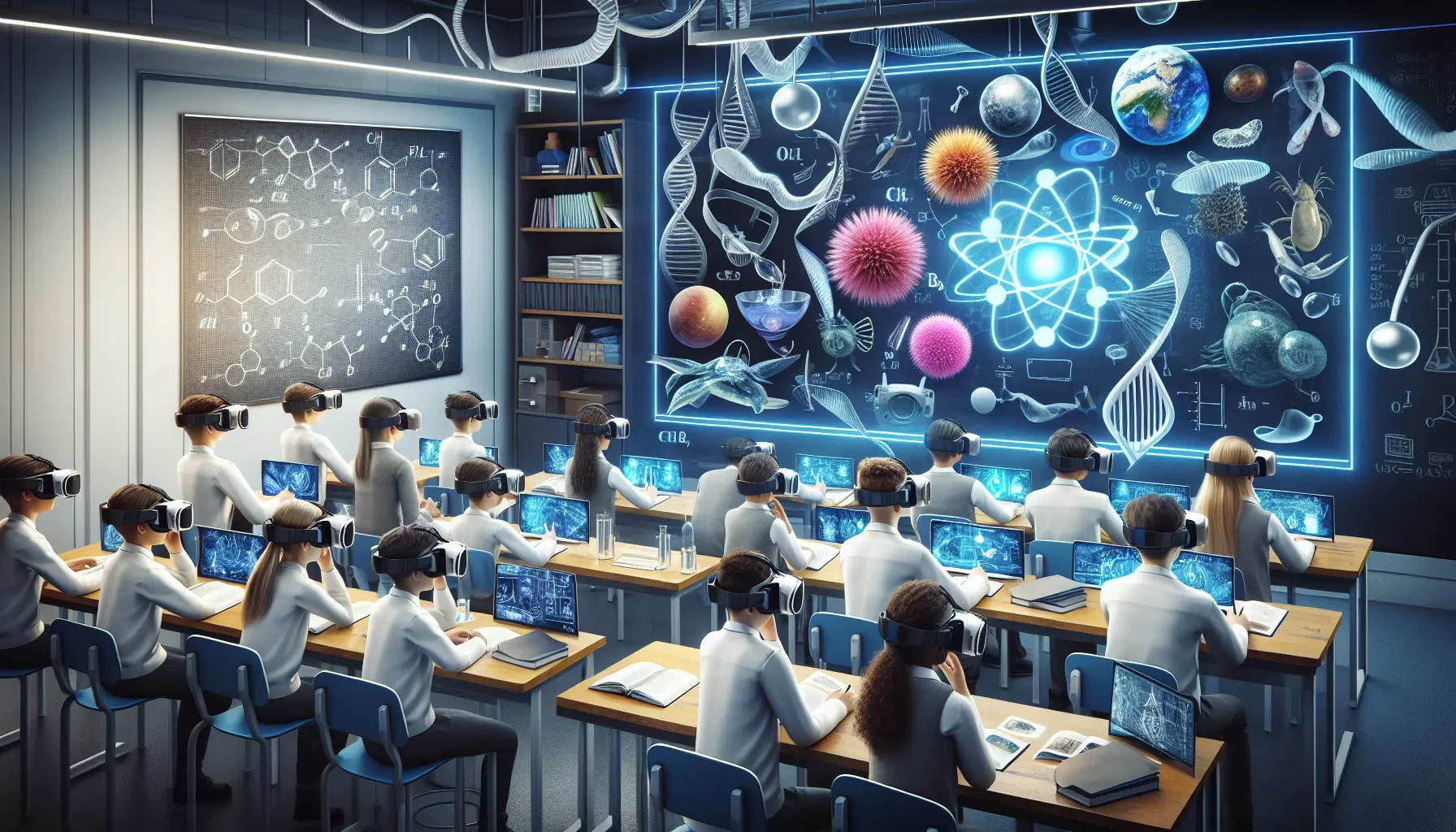 Studente che utilizza un visore di realtà virtuale per l'apprendimento delle scienze