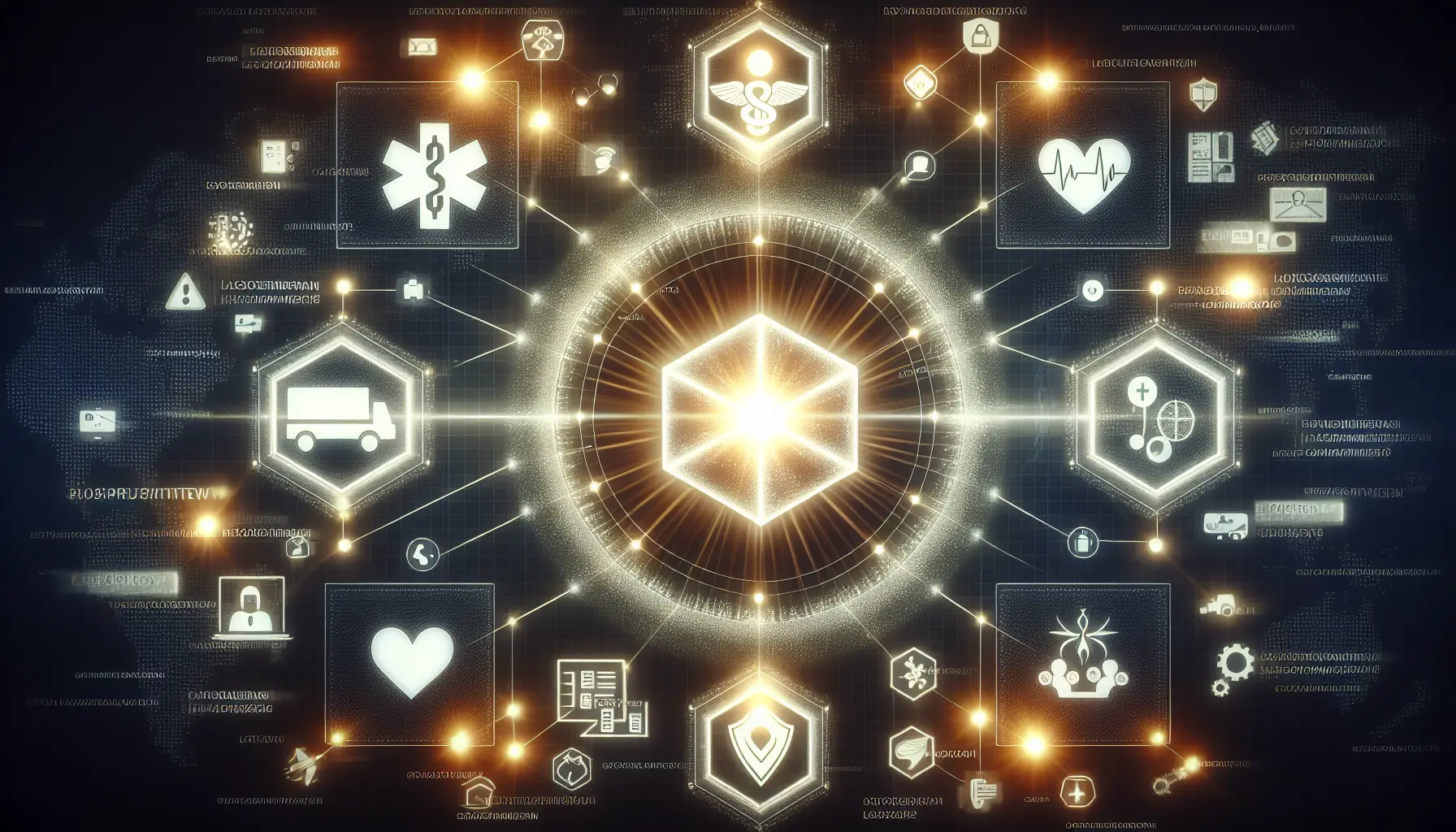 Rappresentazione visiva della blockchain che interconnette diversi settori come logistica, sanità e diritti d'autore.