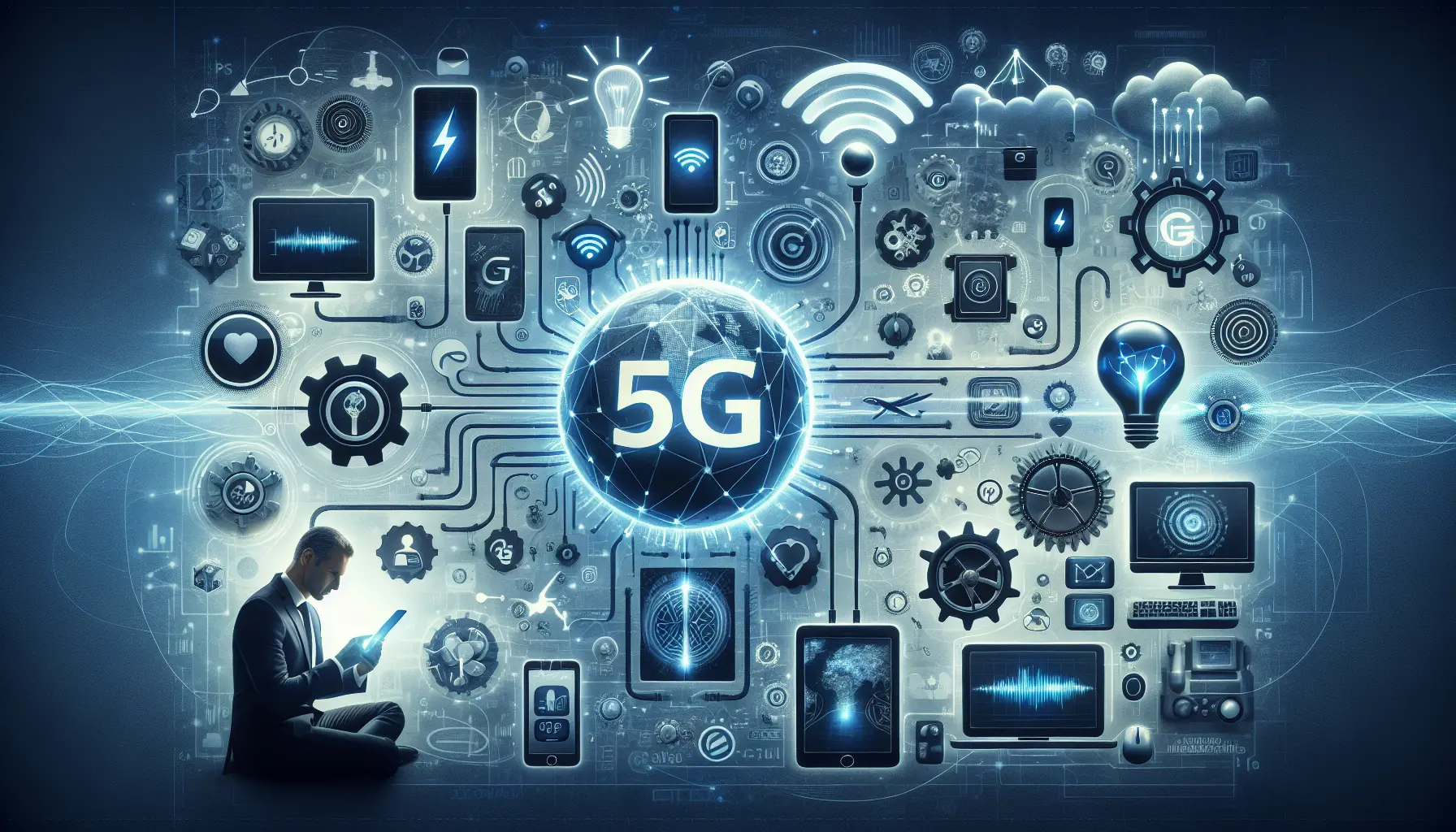 Rappresentazione grafica della tecnologia 5G con dispositivi connessi e reti moderne