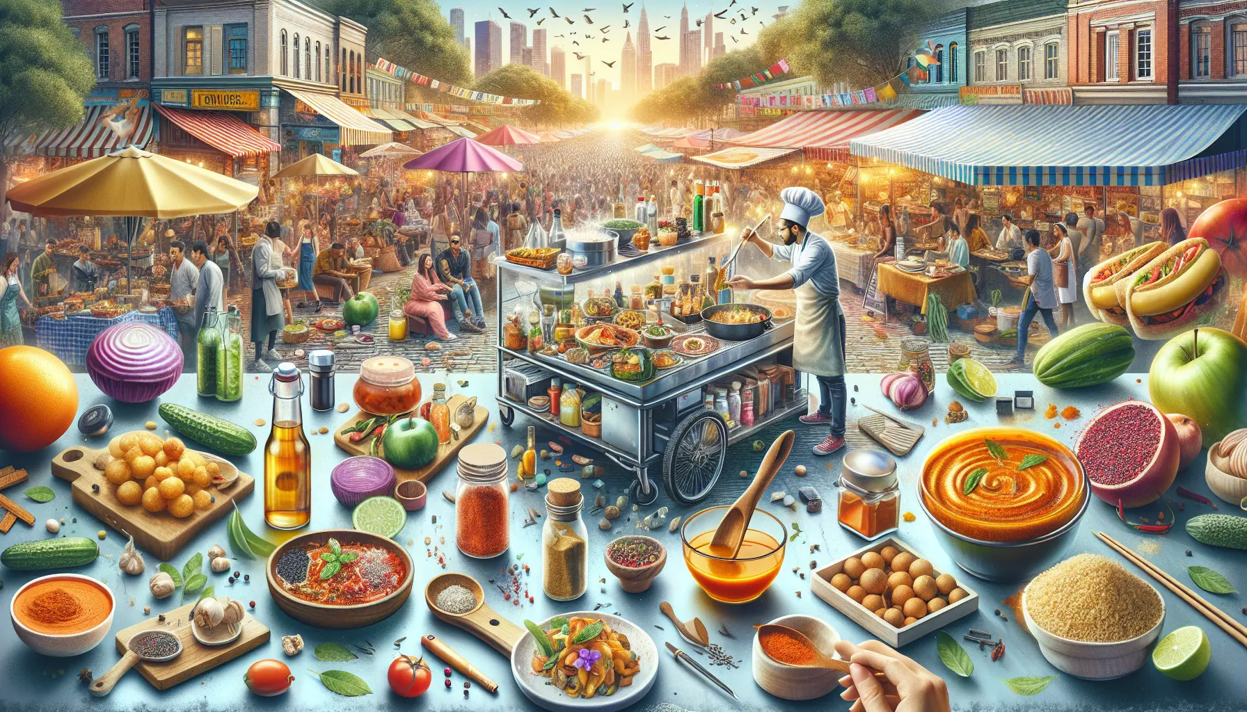 Bancarella di cibo di strada con piatti colorati e invitanti