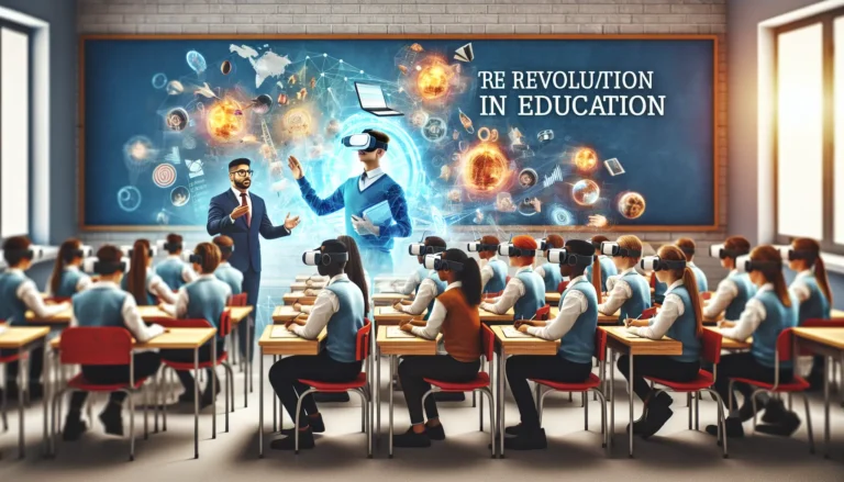 Studente che utilizza un visore di realtà virtuale per un'esperienza educativa immersiva.