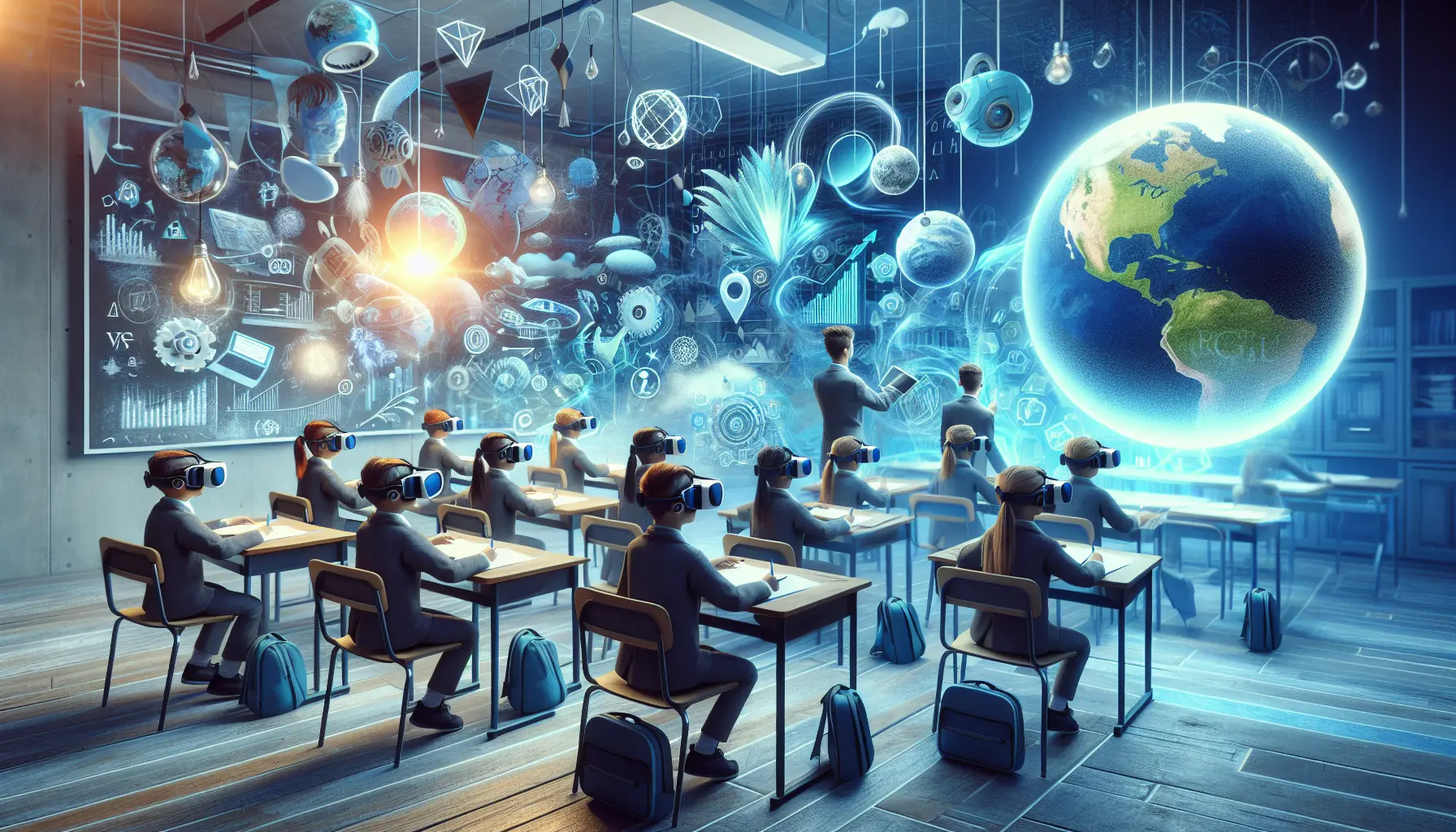 Un'aula virtuale immersiva dove studenti interagiscono con elementi 3D, esplorando concetti scientifici e storici in un ambiente coinvolgente.