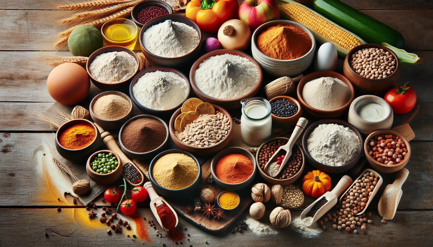 Varie tipologie di farine disposte su un tavolo, evidenziando la diversità degli ingredienti utilizzabili in cucina.