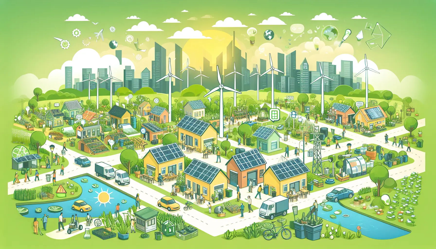 Comunità locale impegnata in iniziative di sostenibilità, come orti urbani e progetti di riciclo
