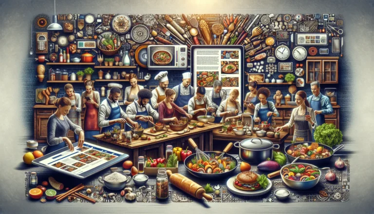 Persone che cucinano insieme seguendo ricette tradizionali in un ambiente familiare