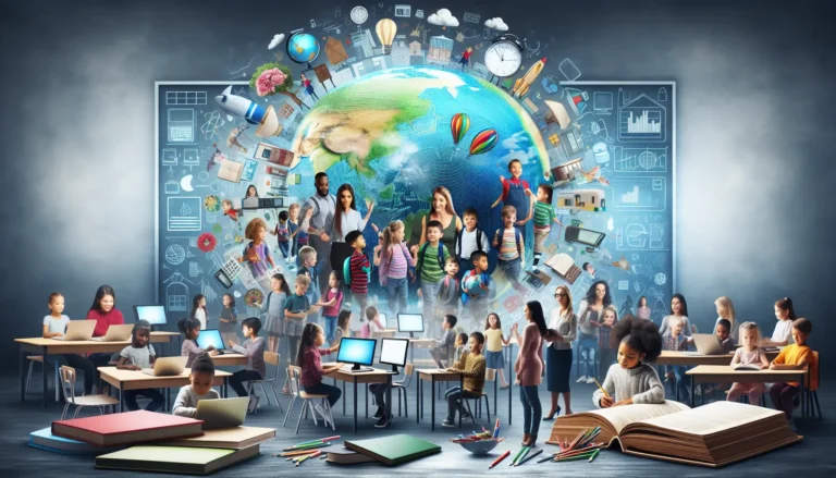 Un gruppo di studenti di diverse etnie che interagiscono in un'aula moderna, simbolo della diversità culturale nell'educazione.