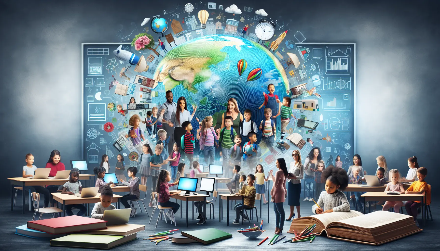 Un gruppo di studenti di diverse etnie che interagiscono in un'aula moderna, simbolo della diversità culturale nell'educazione.