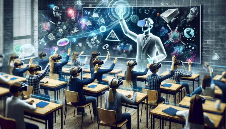 Studente che utilizza un visore di realtà virtuale in aula per un'esperienza di apprendimento immersivo.
