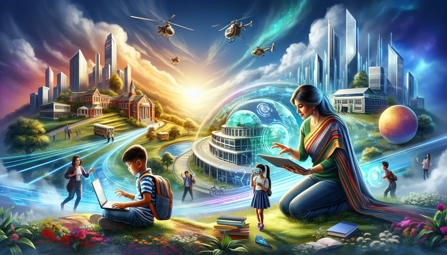 Un gruppo di studenti che utilizzano dispositivi digitali per apprendere in un ambiente scolastico moderno.