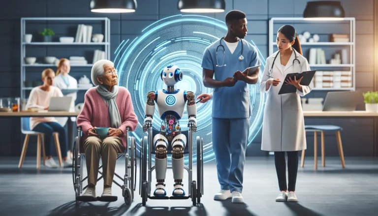 Un robot umanoide interagisce con un essere umano in un ambiente domestico.