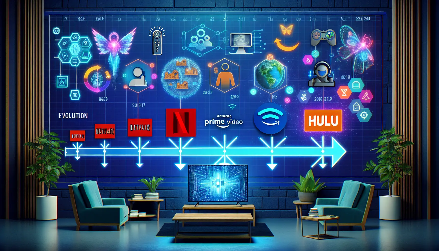 Un collage di loghi delle principali piattaforme di streaming come Netflix, Amazon Prime Video, Disney+ e Hulu.