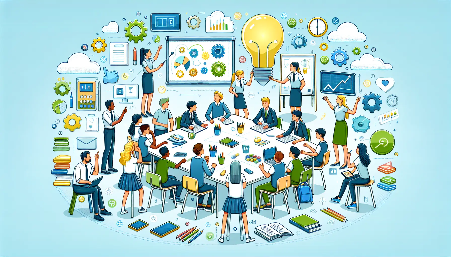 Studente che lavora in gruppo su un progetto, collaborando e comunicando attivamente.