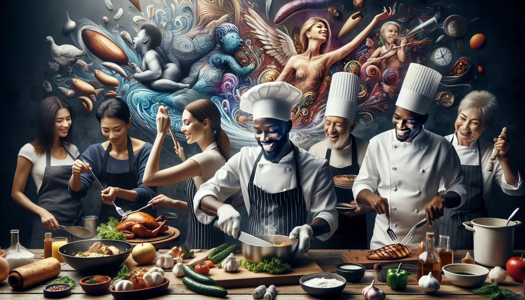 Concorrenti di MasterChef mentre preparano piatti gourmet in un ambiente di alta cucina.