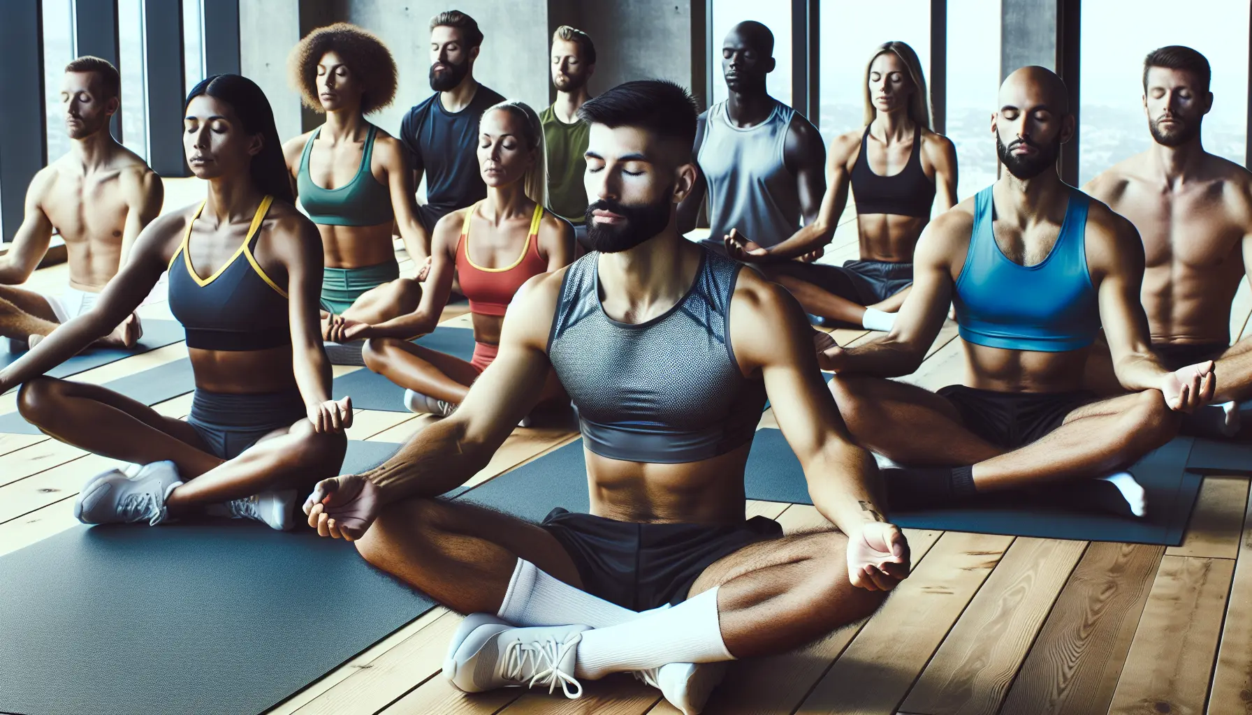 Un atleta che medita in un ambiente tranquillo, circondato dalla natura.