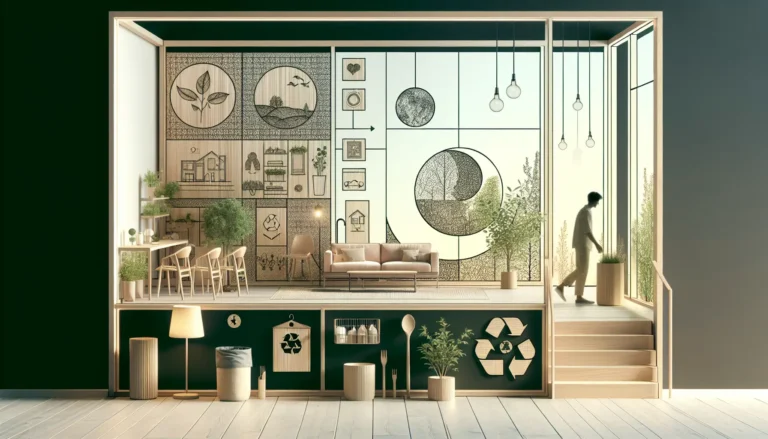 Un ambiente minimalista con pochi oggetti essenziali e piante verdi, simbolo di uno stile di vita sostenibile.