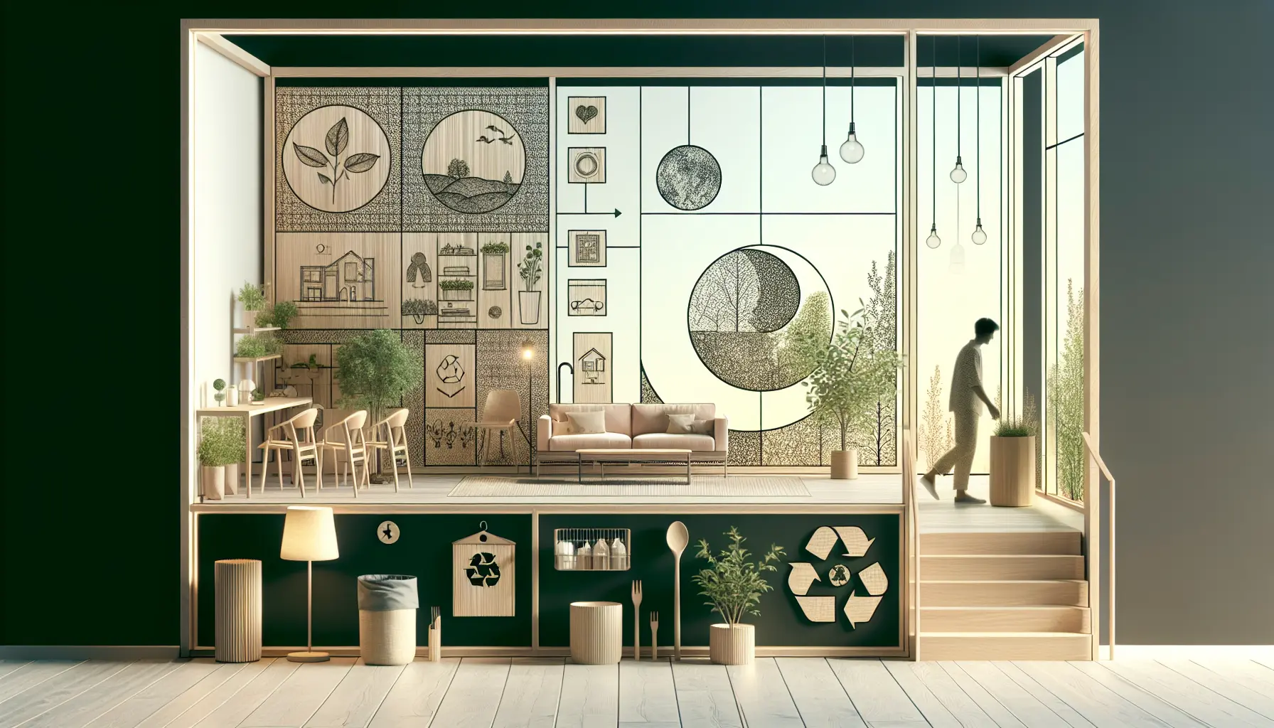 Un ambiente minimalista con pochi oggetti essenziali e piante verdi, simbolo di uno stile di vita sostenibile.