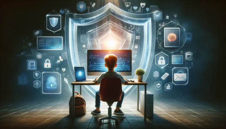 Un genitore che guida un bambino nell'uso sicuro della tecnologia, con dispositivi digitali e un ambiente protetto.