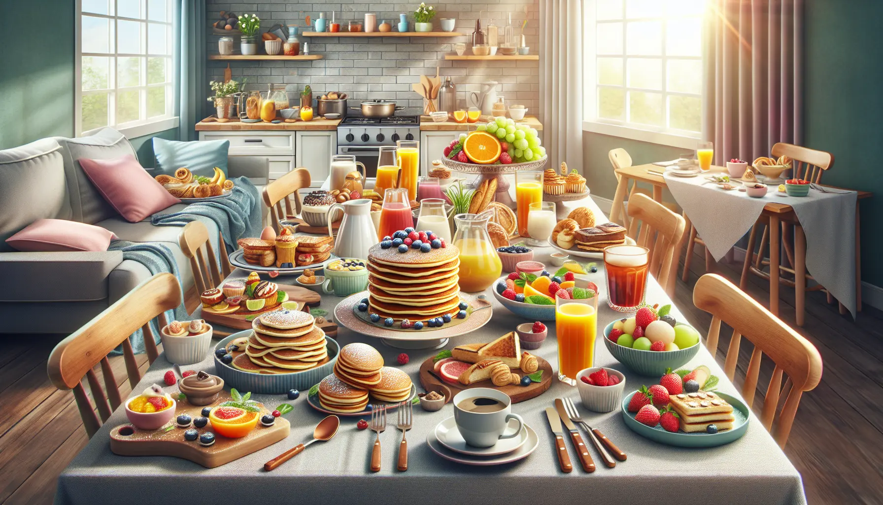 Tavola imbandita per un brunch con piatti colorati e bevande fresche