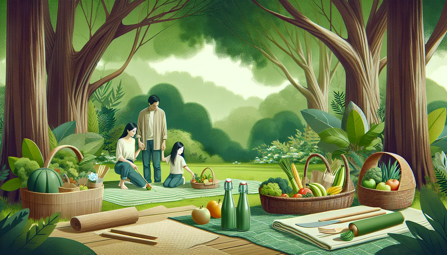 Famiglia che organizza un picnic sostenibile in un parco, con cibi freschi e materiali riutilizzabili.