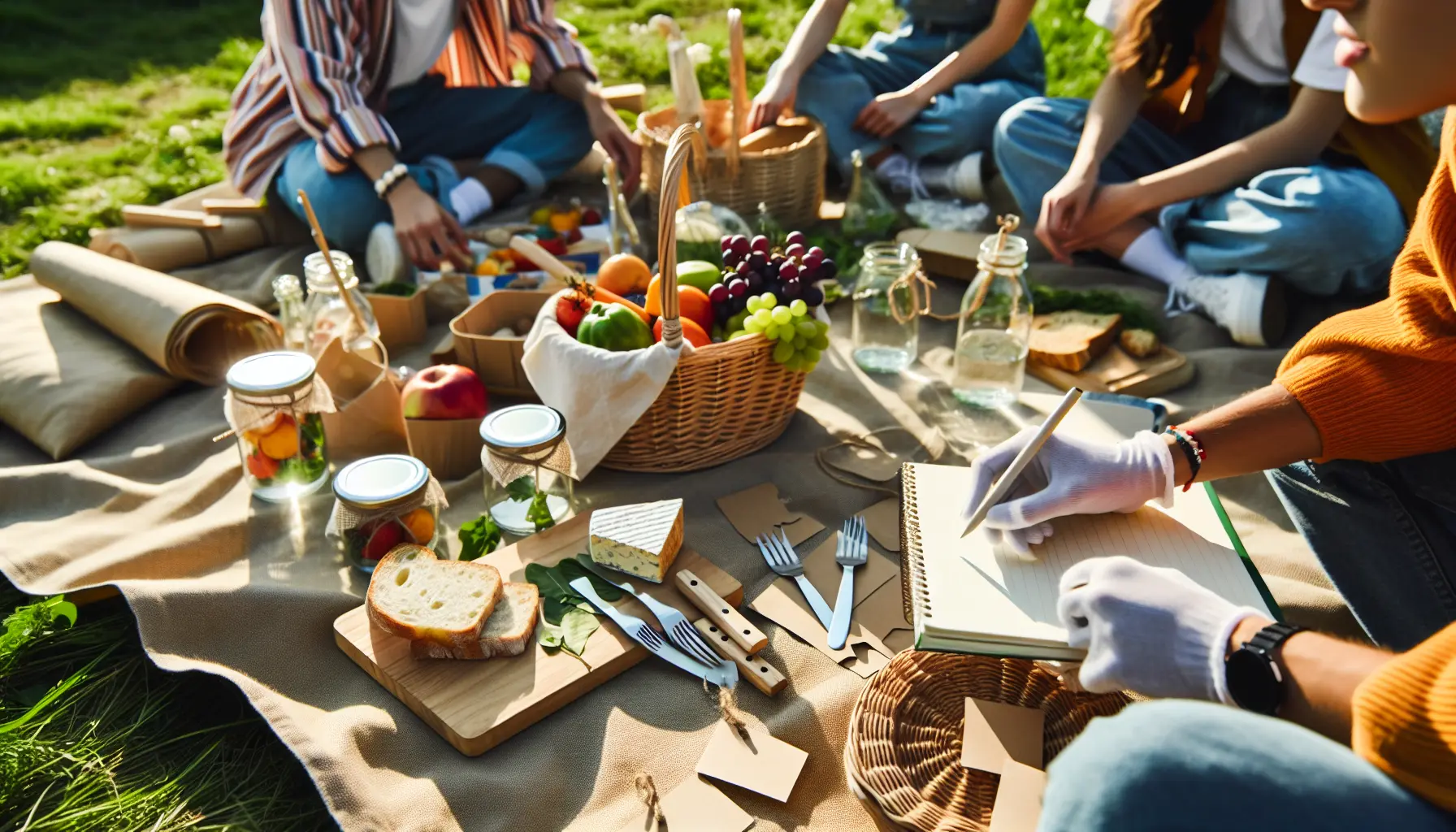 Un picnic sostenibile all'aperto con cibo fresco e materiali riutilizzabili