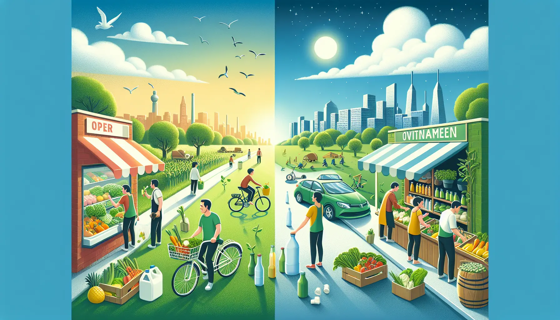 Un collage di azioni quotidiane per la sostenibilità, come l'uso di borse riutilizzabili, il compostaggio e la mobilità in bicicletta.