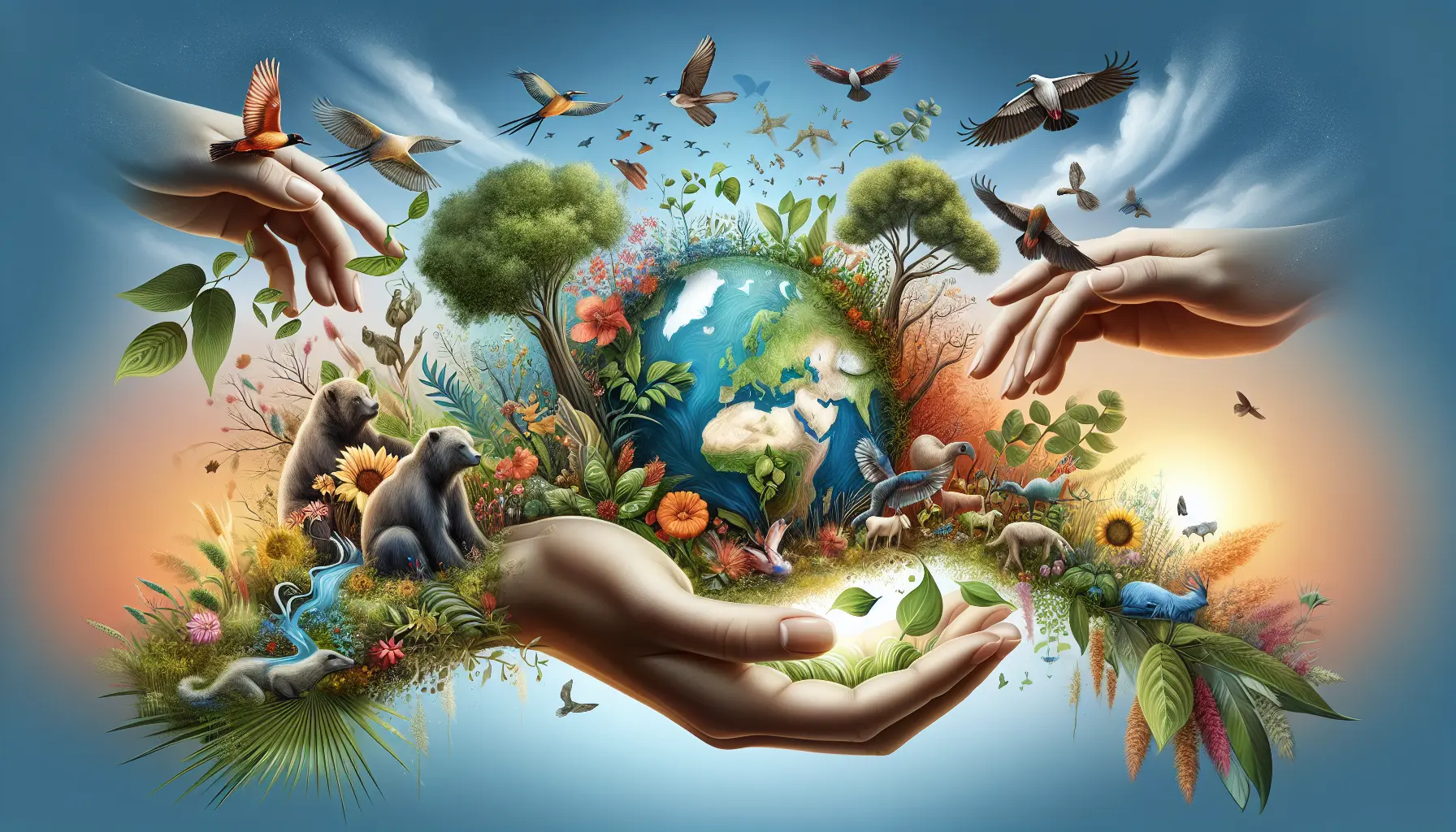 Immagine di un ecosistema naturale ricco di biodiversità, con piante e animali in armonia.