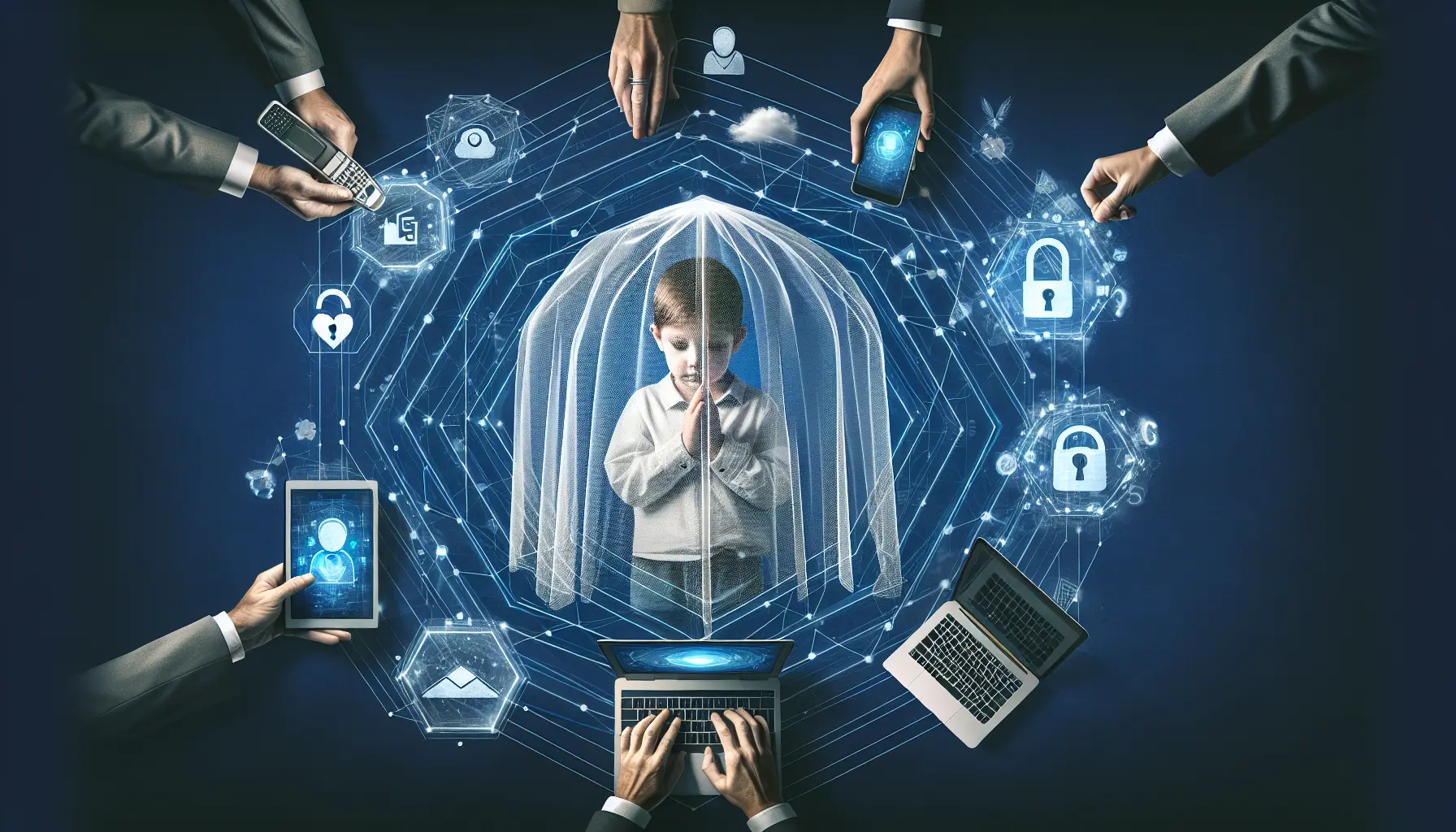 Un genitore che insegna al proprio figlio come navigare in sicurezza su internet, mostrando strumenti di protezione della privacy online.