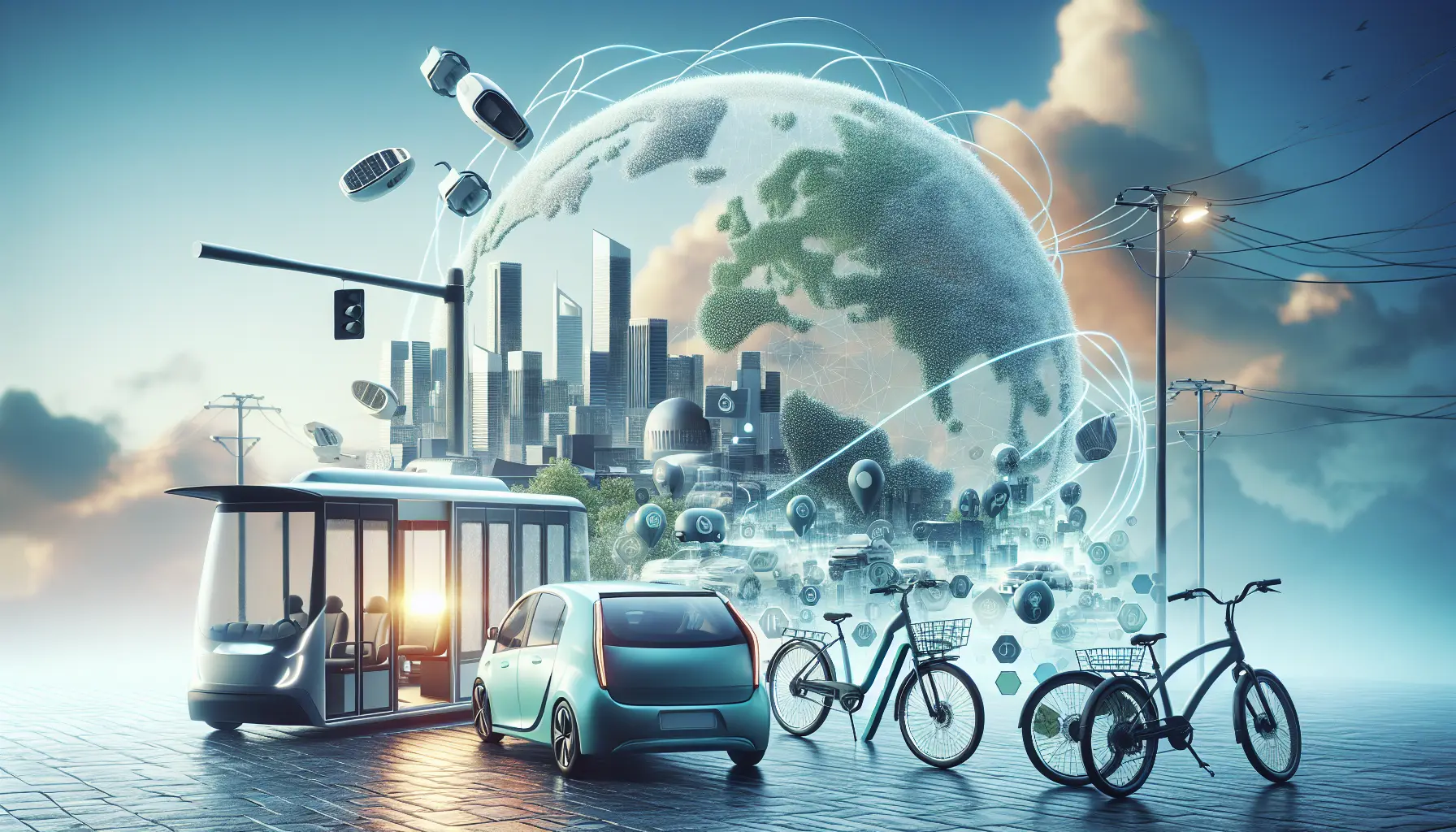 Un gruppo di persone che utilizza mezzi di trasporto sostenibili come biciclette e mezzi pubblici in una città moderna.