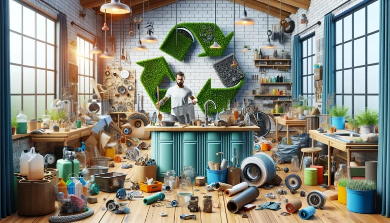 Un tavolo di lavoro con attrezzi e materiali per la riparazione di oggetti, simbolo di economia circolare e sostenibilità.