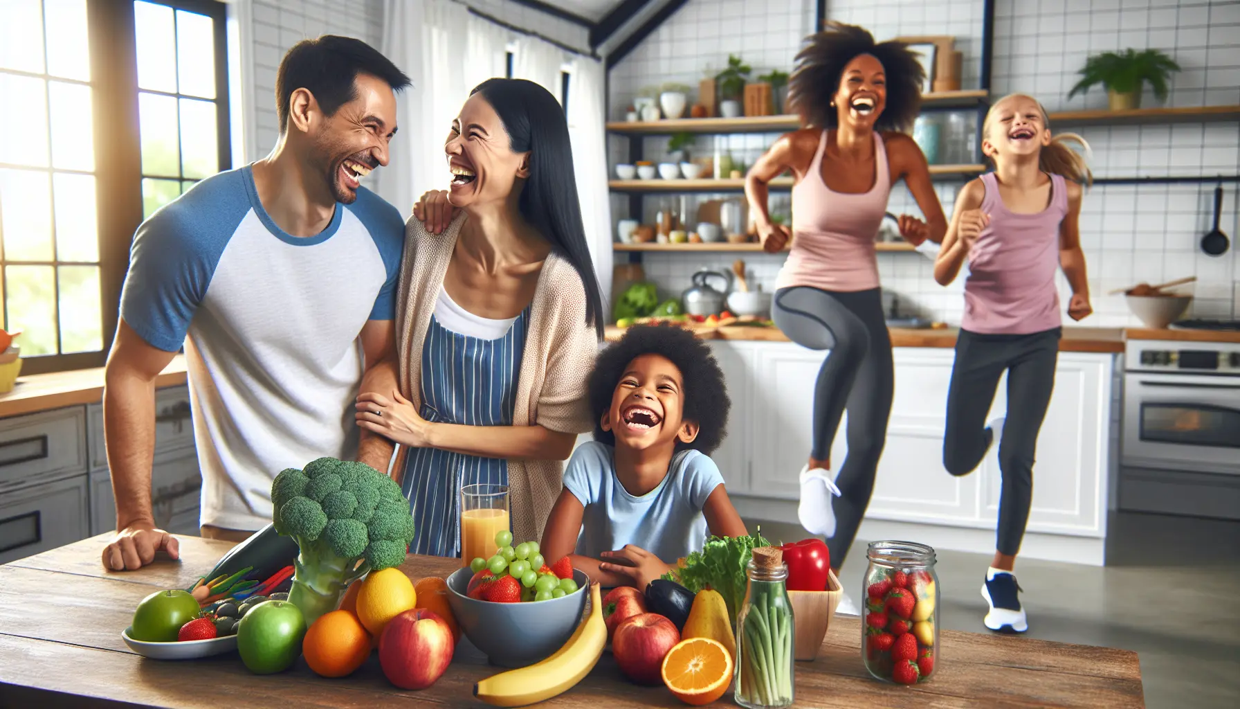 Una famiglia felice che cucina insieme in cucina, circondata da ingredienti freschi e colorati, simbolo di vita sana e positive vibes.