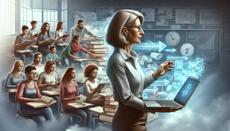 Un insegnante che utilizza strumenti digitali per insegnare a studenti in un ambiente virtuale.