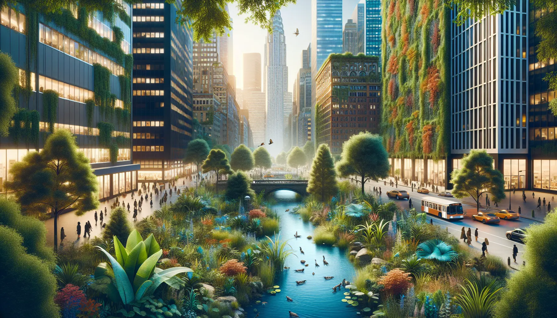 Un giardino urbano fiorito con piante autoctone e insetti impollinatori.