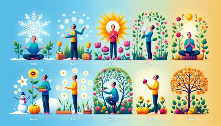 Un paesaggio naturale che rappresenta il passaggio delle stagioni, con alberi in fiore, foglie autunnali, e un paesaggio innevato.