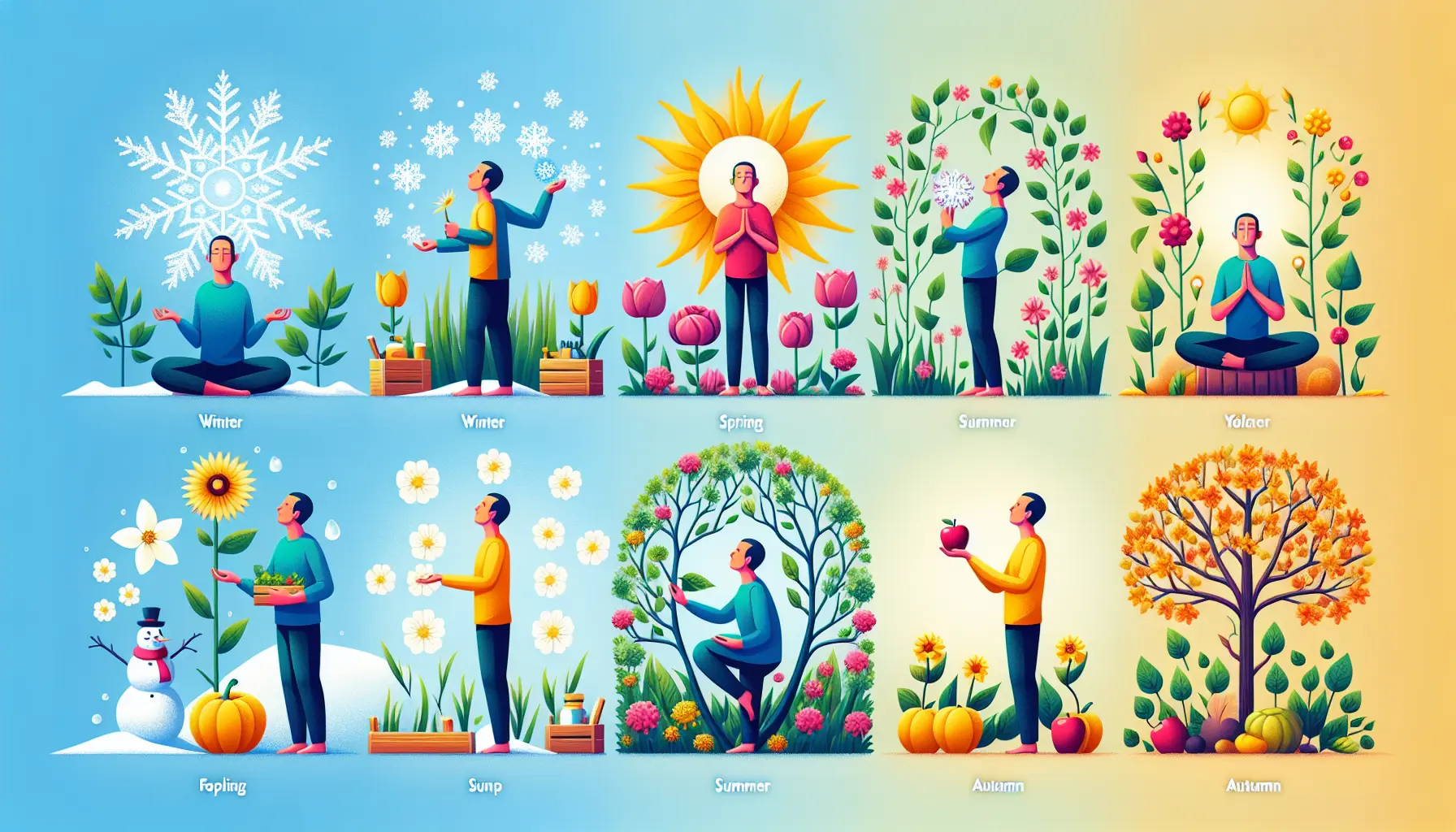 Un paesaggio naturale che rappresenta il passaggio delle stagioni, con alberi in fiore, foglie autunnali, e un paesaggio innevato.