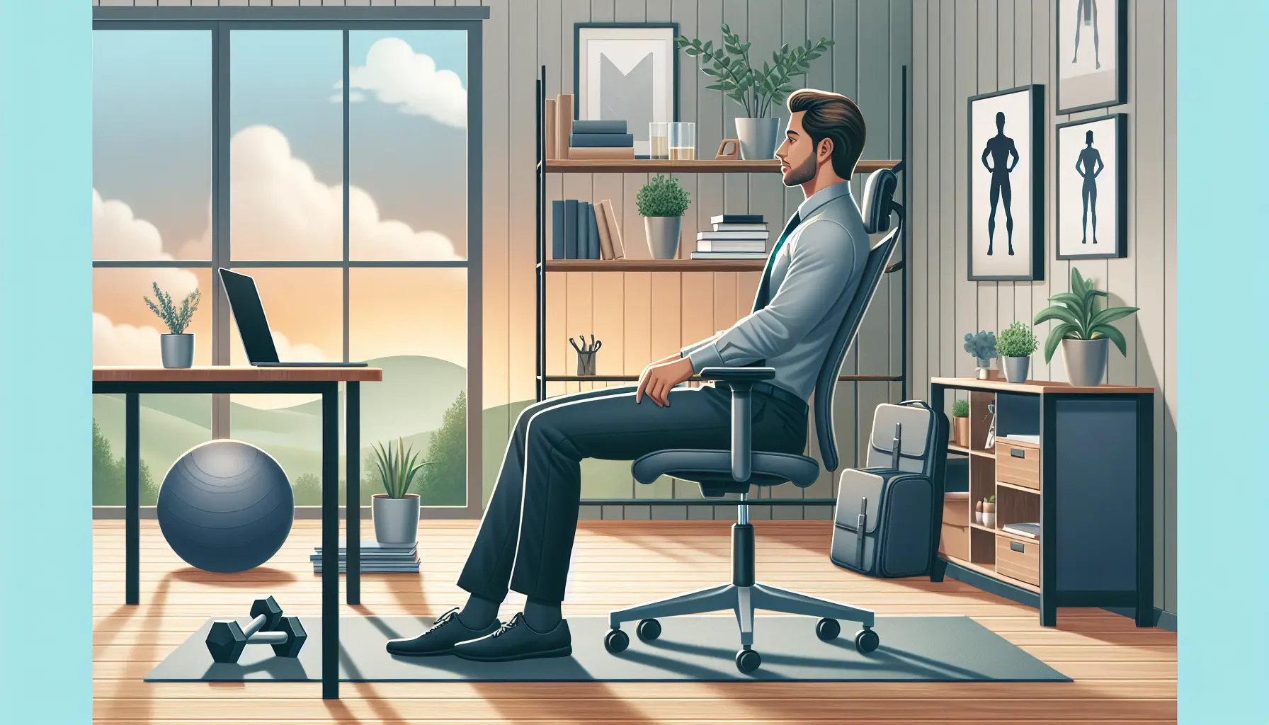 Ufficio ben organizzato con sedia ergonomica e piante per migliorare la postura e il benessere