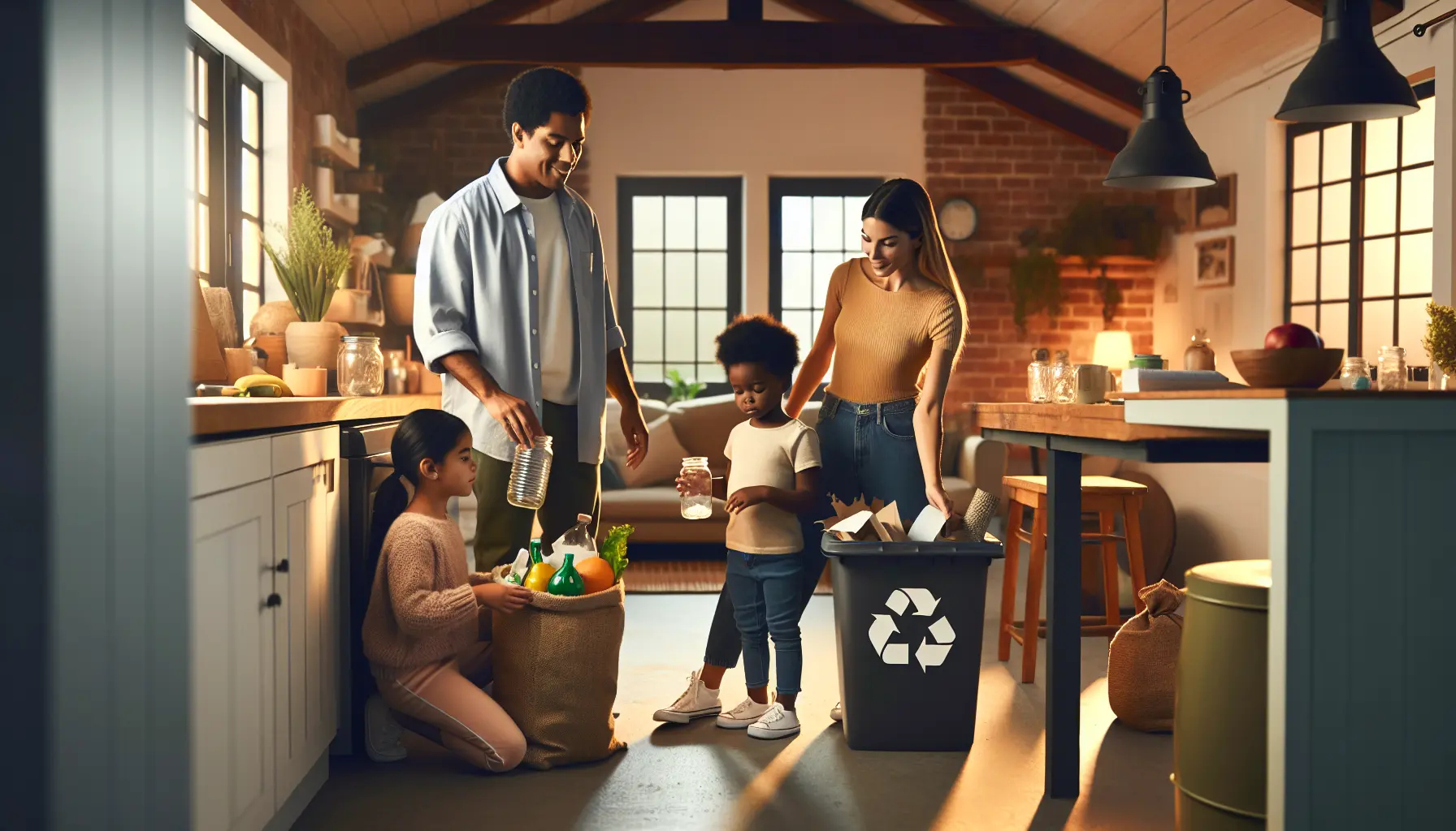 Famiglia impegnata in attività di riutilizzo e riciclo con materiali creativi