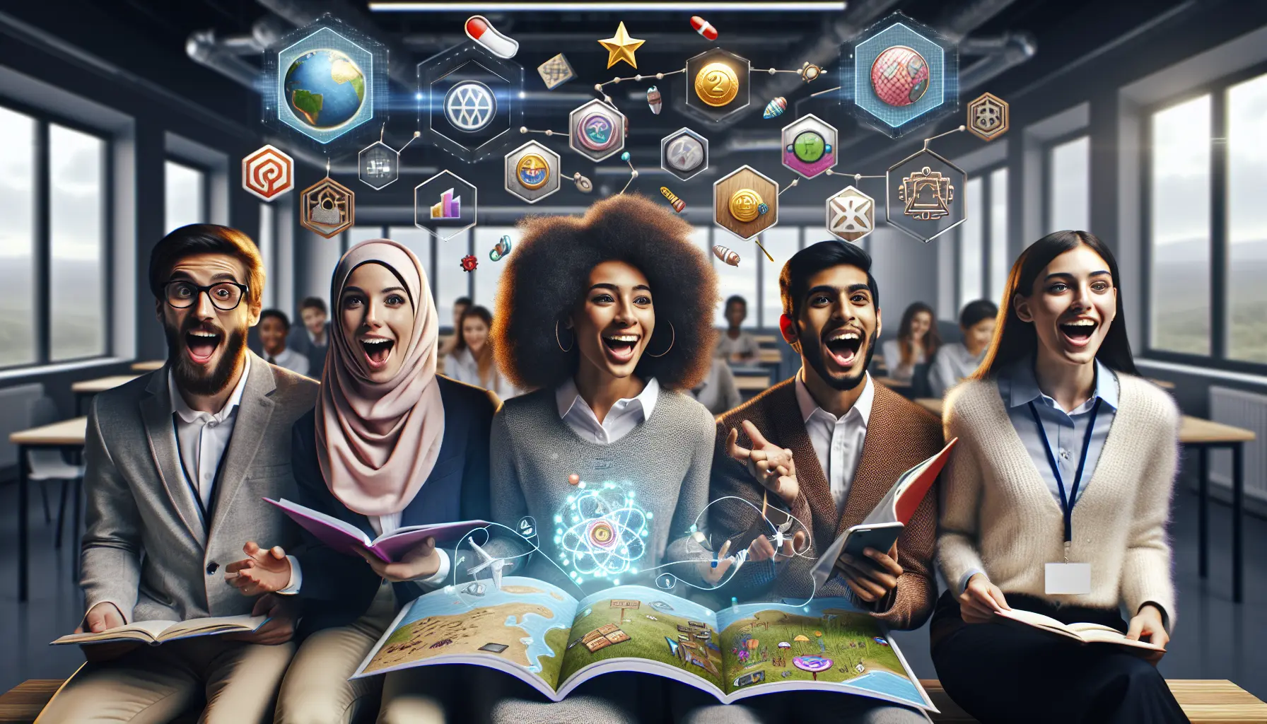 Studenti che si divertono mentre apprendono attraverso giochi e sfide in aula, rappresentando l'uso della gamification nell'educazione.