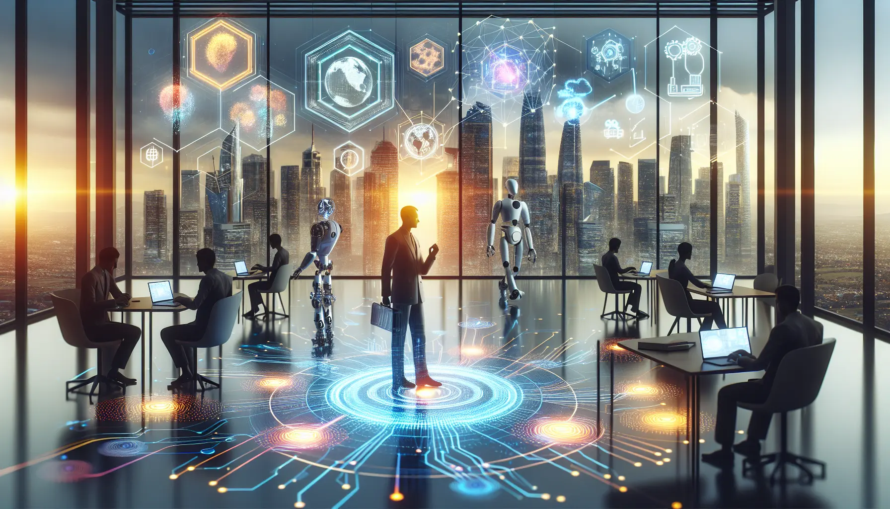 Un'immagine futuristica che rappresenta un ecosistema tecnologico interconnesso, con dispositivi smart e robotica in un ambiente di lavoro moderno.